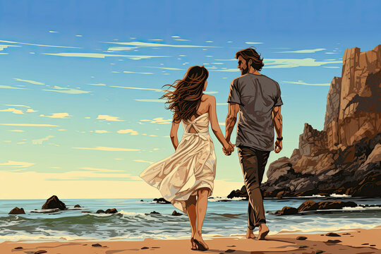 Couple walking on the beach from behind (Illustration, Drawing)