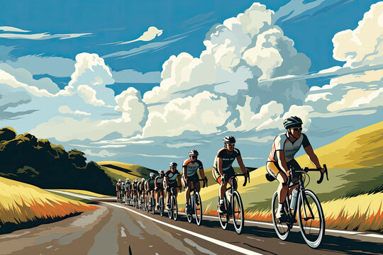 Cycling on a scenic road (Illustration, Drawing)