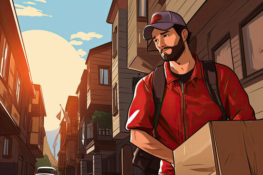 Delivery driver delivering packages in city. (Illustration, Drawing)