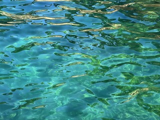 Fototapeta na wymiar Glittering sea water turquoise blue clear surface.
