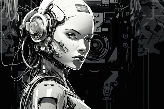 the image of a woman with a robot face on the background (Illustration, Drawing)