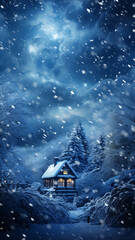 Fototapeta premium Beautiful landscape with small fairy house in the winter during snowfall in the evening.