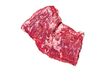 Raw skirt beef steak on meat cleaver.  Transparent background. Isolated.