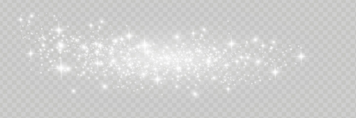 The dust sparks and white stars shine with special light. Vector sparkles on a transparent background. Christmas light effect. - obrazy, fototapety, plakaty