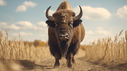 Donkey and bison from America grazing in the prairie - obrazy, fototapety, plakaty