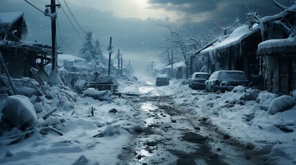 Snow-covered street in the small town. Cars stuck on the roadside in snow drifts.