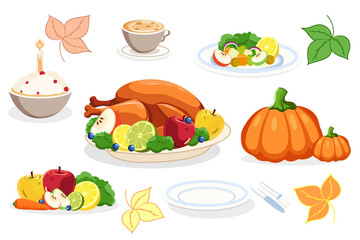 A set of Thanksgiving holiday table decorations. Cartoon. Turkey meat, kutya, citrus, vegetables, fruits, pumpkin, cutlery, dishes, fall leaves for web design, collage. 