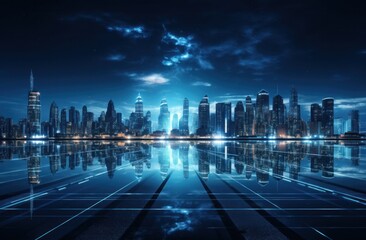 Obraz premium futuristic city skyline at night with the blue lights shining in the distance