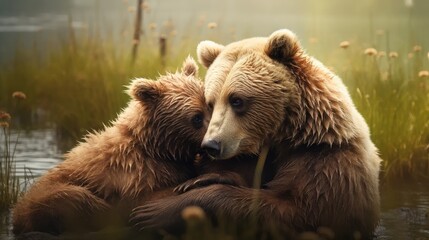 Fototapeta premium enchanting scene of bears in love's embrace, showcasing the tenderness of wildlife romance in a captivating and emotional photograph.