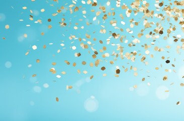 gold confetti falling over a turquoise background,
