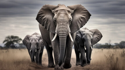 award winning shot, portait of a group of adult african elephants walking towards the camera. Majestic portrait of African elephants, front view. Portrait of wildlife in the wilderness of Africa. Envi