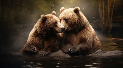 Obraz premium enchanting scene of bears in love's embrace, showcasing the tenderness of wildlife romance in a captivating and emotional photograph.