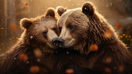 Fototapeta premium enchanting scene of bears in love's embrace, showcasing the tenderness of wildlife romance in a captivating and emotional photograph.