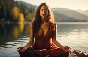 Fototapeta na wymiar meditating at the lake,