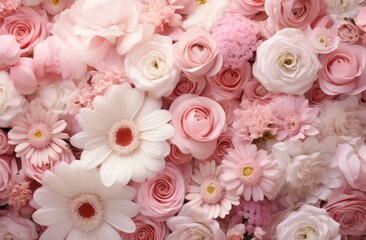 Obraz premium many pink and white flowers are laid out,