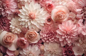 many pink and white flowers are laid out,