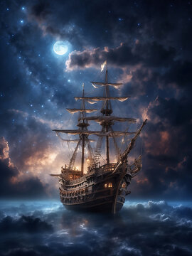 pirate ship sails through the clouds in night sky Ai art