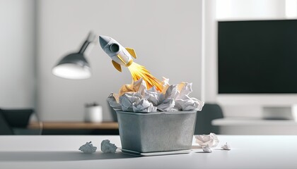 A rocket from a waste basket, crumpled drafts outline the roadmap to business innovation and conceptual success - 688164986