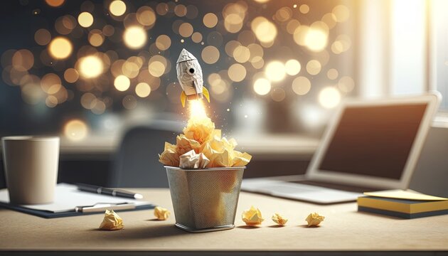 A conceptual imaginative and magical visual metaphor, a good idea rocket blasting up from a waste basket of crumpled paper to the stars of innovation