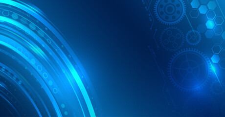 Abstract blue background consisting of gears and horizontal lines. Digital technologies, data transfer. Futuristic particle motion design. For website and presentations - obrazy, fototapety, plakaty