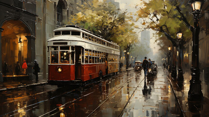 Old Red Tram On The High Street Oil Painting Background