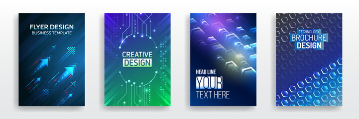 Futuristic business posters. Technology covers corporate documents. Layout template science designs. Brochure, flyer, book, annual report. Blue hi-tech vector illustrations for business presentations.