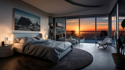 Modern bedroom with large windows with a sunset