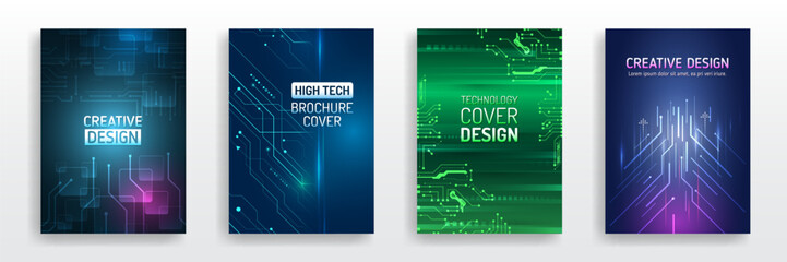 Technology covers corporate documents. Layout template science designs. Brochure, flyer, book, annual report. Blue hi-tech vector illustrations for business presentations. Futuristic business posters.