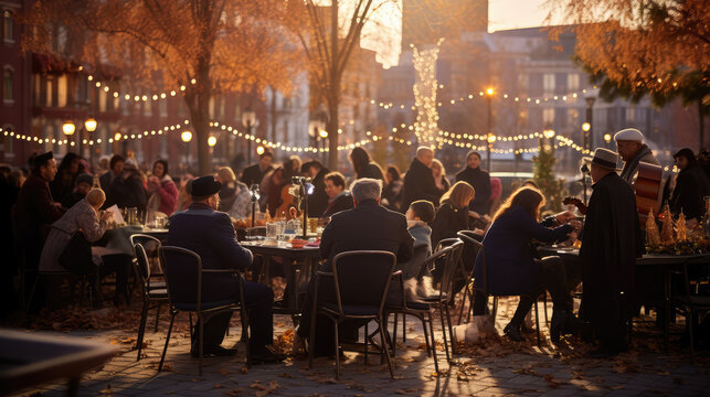 Jewish community celebrating Hanukkah outdoors with music, dancing and festive activities.