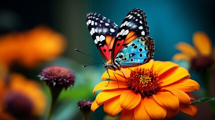 A butterfly that is brightly colored on a flower