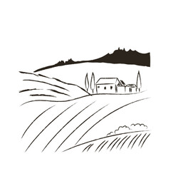 Rural landscape, house-villa-farm, trees and cypresses. Black pencil sketch. Vector flat illustration on white background
