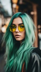 Girl with green hair With yellow glasses.
