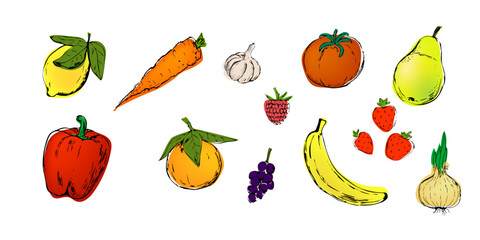 set of fruits sketch black and white contours. Pear. half pear, strawberry, raspberry, currant, lemon, orange, banana. black sloppy outlines and colored spots Vector illustration isolated