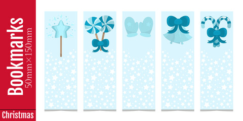 Set of 5 book bookmarks with winter elements. Bookmarks with stars, lollipops, mittens, bells. Rectangular vertical bookmarks for reading books, for studying. Isolated on white background.