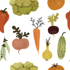 Seamless pattern set of vegetables. Vegetable background. Scandinavian style. Healthy organic food. cucumber  beets turnips carrots onions tomato pepper green peas. Vector illustration