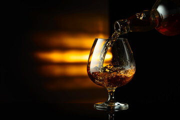 Pouring brandy from a bottle into a snifter.