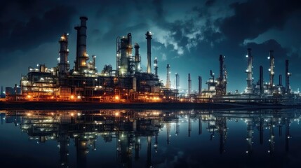 Immerse in the industrial beauty with our stunning panorama of a sprawling oil-works under the night lights