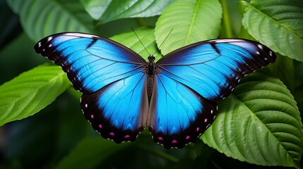 A close-up picture of a big peleides blue morpho butterfly that has beautiful blue wings and fresh foliage.