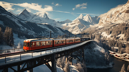 A Scenic Train Journey Through Snow Mountainous Terrain Background - obrazy, fototapety, plakaty