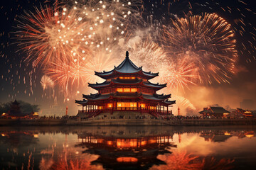 A firework displays and a chinese place of worship, in the style of dark orange and light amber, luminous spheres, bold chromaticity, happenings, chinese new year festivities