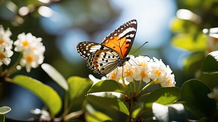 A white flower has a common tiger butterfly perched on it.