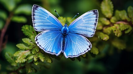 A stunning macro photograph of a stunning blue adonis butterfly perched on grass foliage with a natural surface. - obrazy, fototapety, plakaty