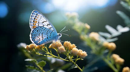 In a garden with a blurry background, a common blue butterfly rests on craspedia while being...