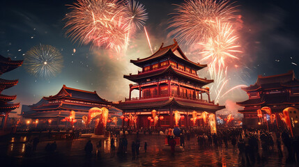 A firework displays and a chinese place of worship, in the style of dark orange and light amber, luminous spheres, bold chromaticity, happenings, chinese new year festivities