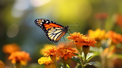 A butterfly known as tiger danaus chrysippus rests on a flower plant with a background that is soft and blurry.