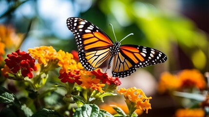 Obraz premium A butterfly known as tiger danaus chrysippus rests on a flower plant with a background that is soft and blurry.