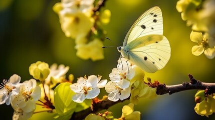 A shot that is selectively focused captures a beautiful butterfly sitting on a branch with small...