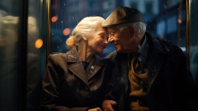 essence of enduring love in the golden years with a heartwarming image of an elderly couple sitting in a bus stop.