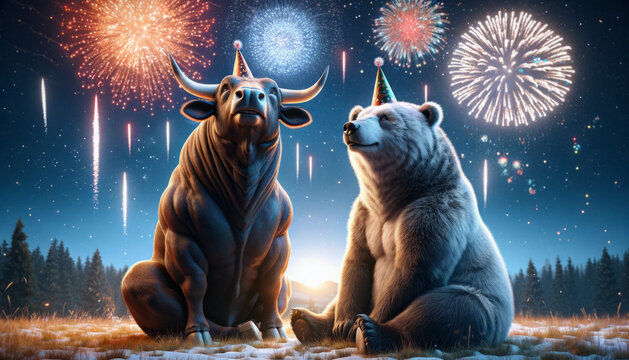 Financial friends, a bear and bull, welcome the New Year, sitting in harmony under a sky lit by hope and fireworks