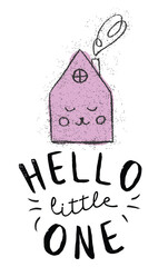 Hello Little One Whimsical House Illustration. Hello little one cute decoration. Hello little one black sign. Hello little one nursery design. Pink nursery art. 